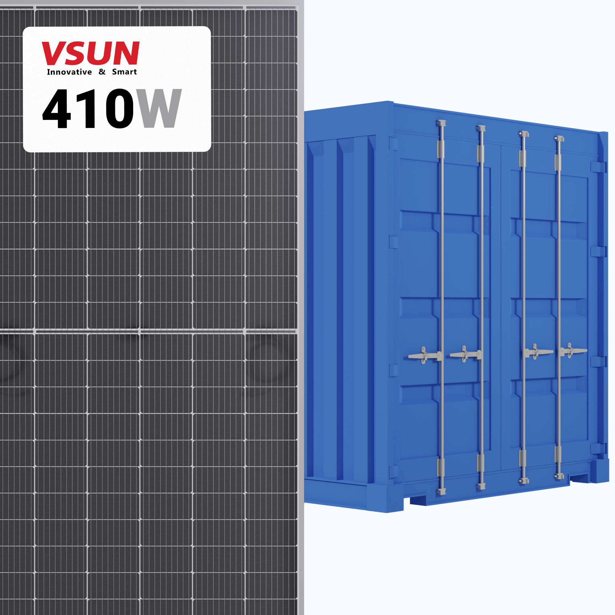 VSUN 410W Solar Panel 144 Cell Bifacial VSUN410-144-BMH-DG Commercial 715 panels per Container at A1 SolarStore